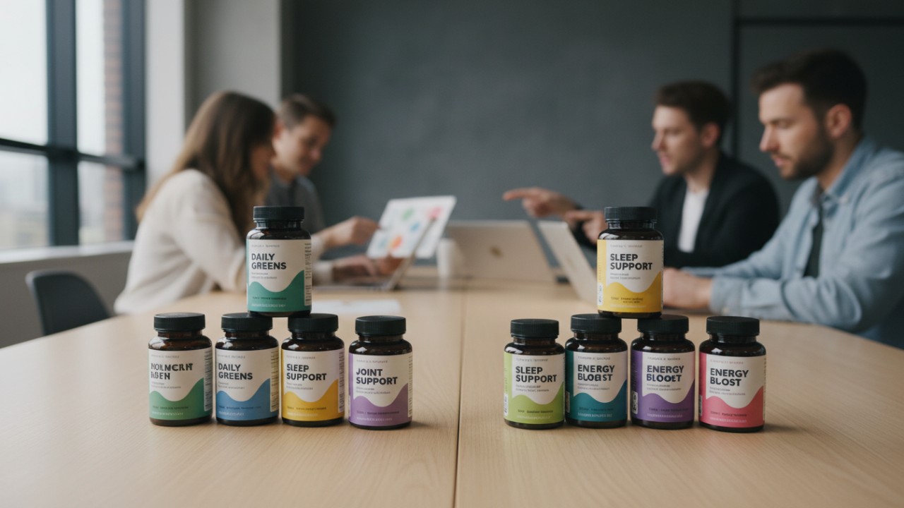 Supplement bottles on a table during a business meeting.