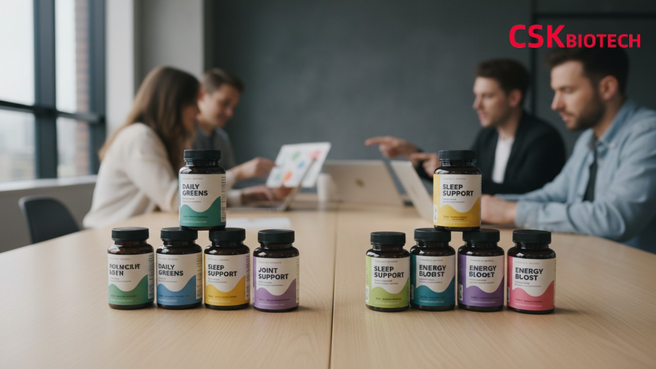 Low_MOQ_private_label_supplements Supplement bottles on a table during a business meeting.