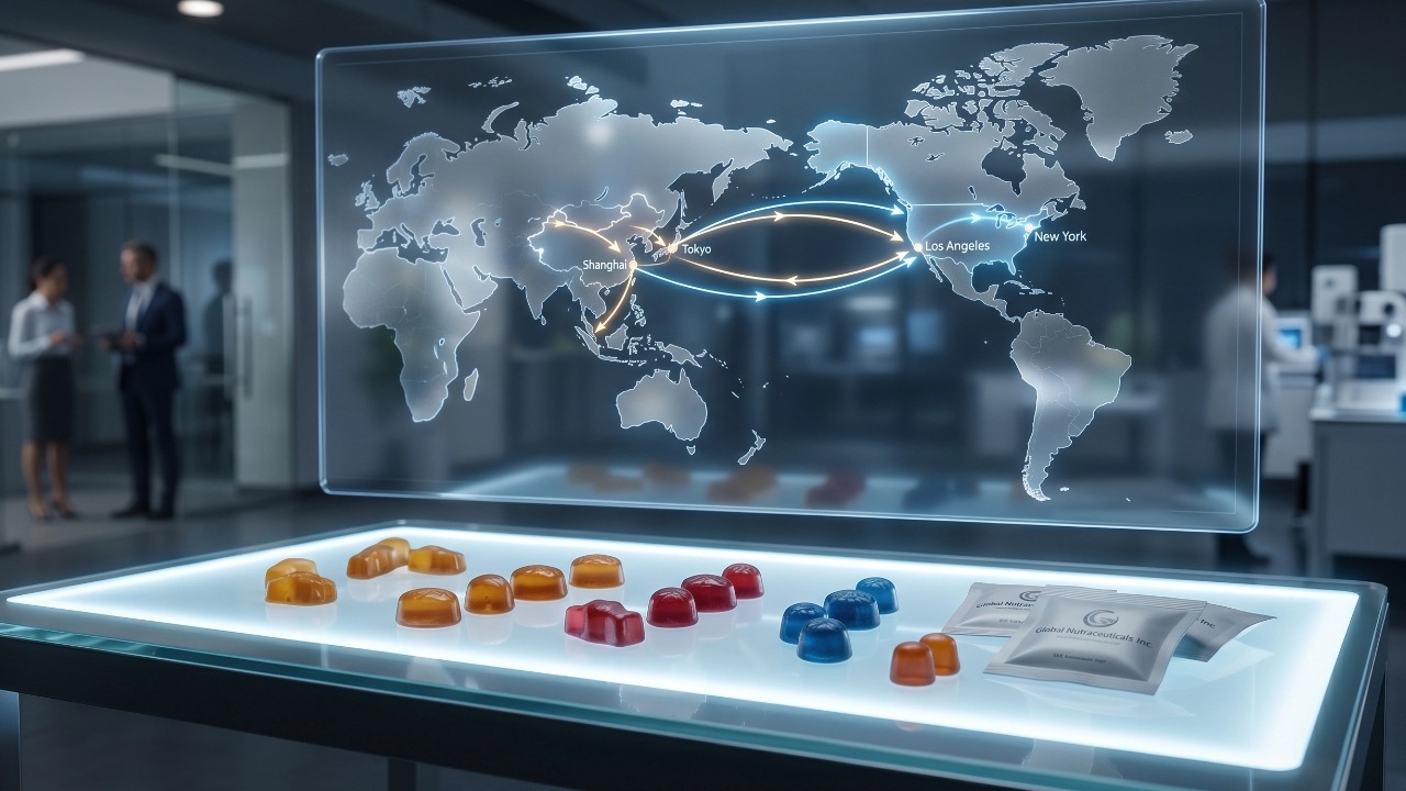 premium, translucent gummy supplements resting on a sleek illuminated glass table - CSK Biotech