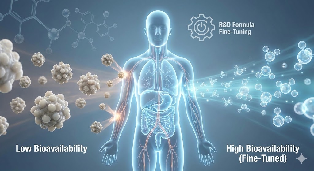 Illustration comparing low and high bioavailability of a substance within the human body. - CSK Biotech