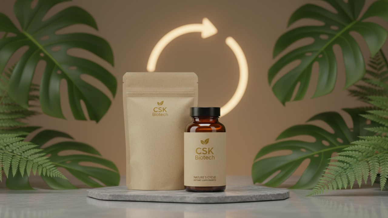 Sustainable supplement packaging featuring a CSK Biotech bottle and compostable pouch surrounded by green leaves.