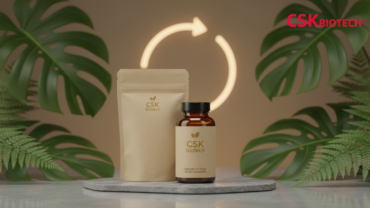 Sustainable supplement packaging featuring a CSK Biotech bottle and compostable pouch surrounded by green leaves.