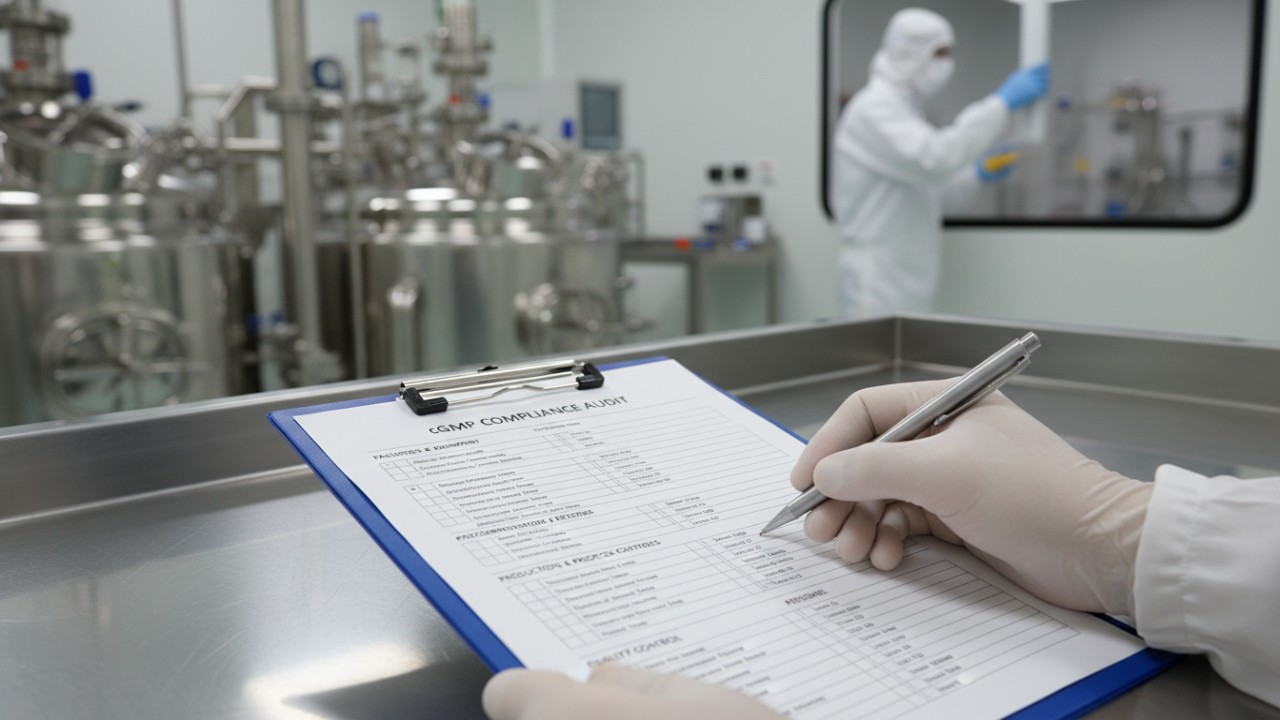A gloved hand fills out a CGMP compliance audit form in a sterile manufacturing environment.