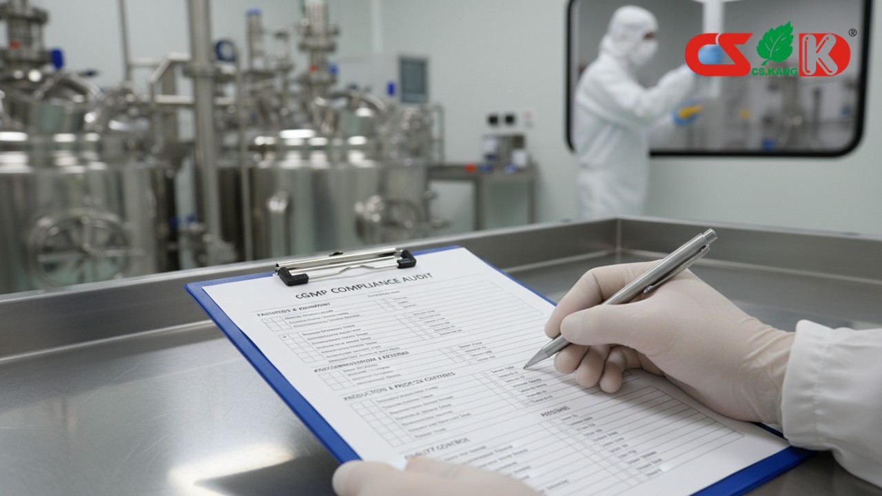 top nutritional supplements manufacturers Chinese A gloved hand fills out a CGMP compliance audit form in a sterile manufacturing environment.