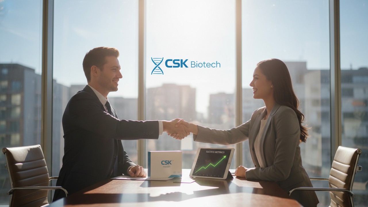 Two business partners shaking hands in a modern office with the CSK Biotech logo visible on a glass partition.