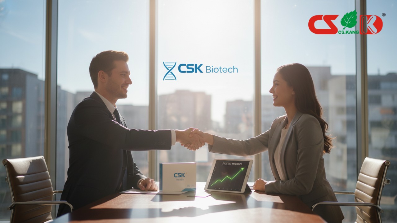 Two business partners shaking hands in a modern office with the CSK Biotech logo visible on a glass partition.