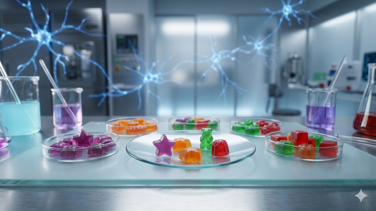various colorful translucent functional gummies neatly arranged on lab glassware - CSK Biotech