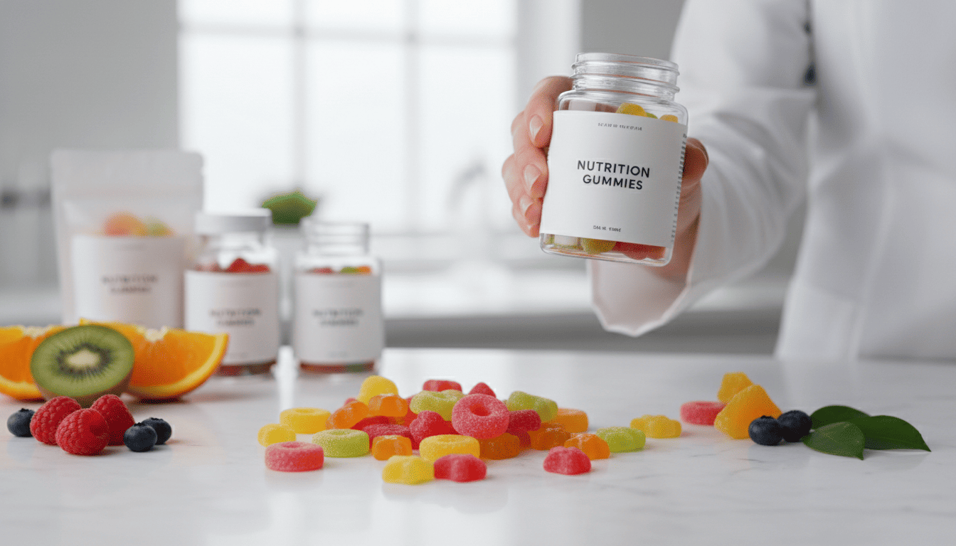 Nutrition gummies in a bottle being held by a person wearing a lab coat, with gummy candies and fresh fruits on a marble surface.
