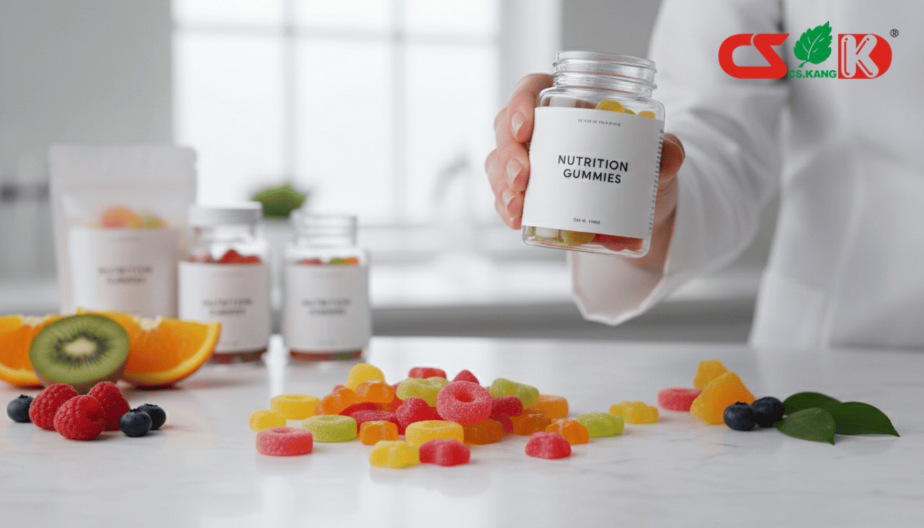 vitamin gummy manufacturer Nutrition gummies in a bottle being held by a person wearing a lab coat, with gummy candies and fresh fruits on a marble surface.