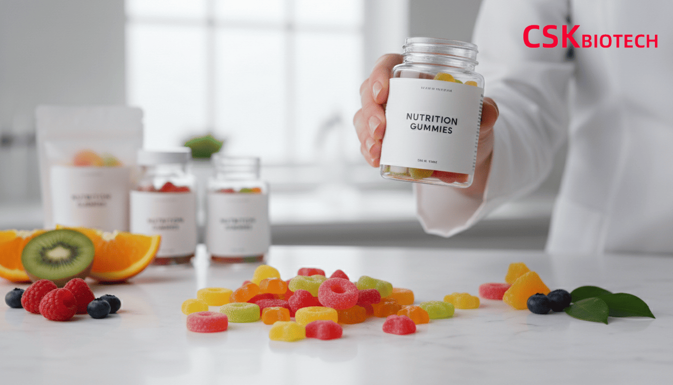 vitamin gummy manufacturer Nutrition gummies in a bottle being held by a person wearing a lab coat, with gummy candies and fresh fruits on a marble surface.