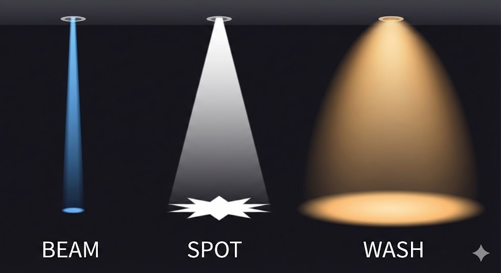 differences between beam，spot and wash light