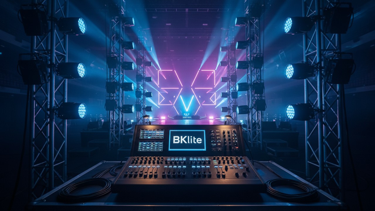 A high-tech stage lighting setup with modern LED fixtures emitting colorful beams and a control board displaying the BKlite brand name.