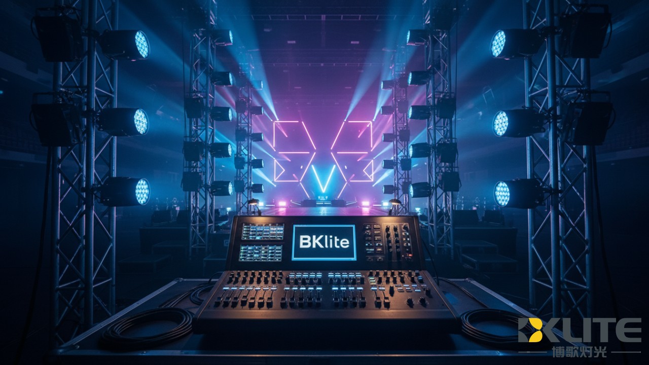 A high-tech stage lighting setup with modern LED fixtures emitting colorful beams and a control board displaying the BKlite brand name.