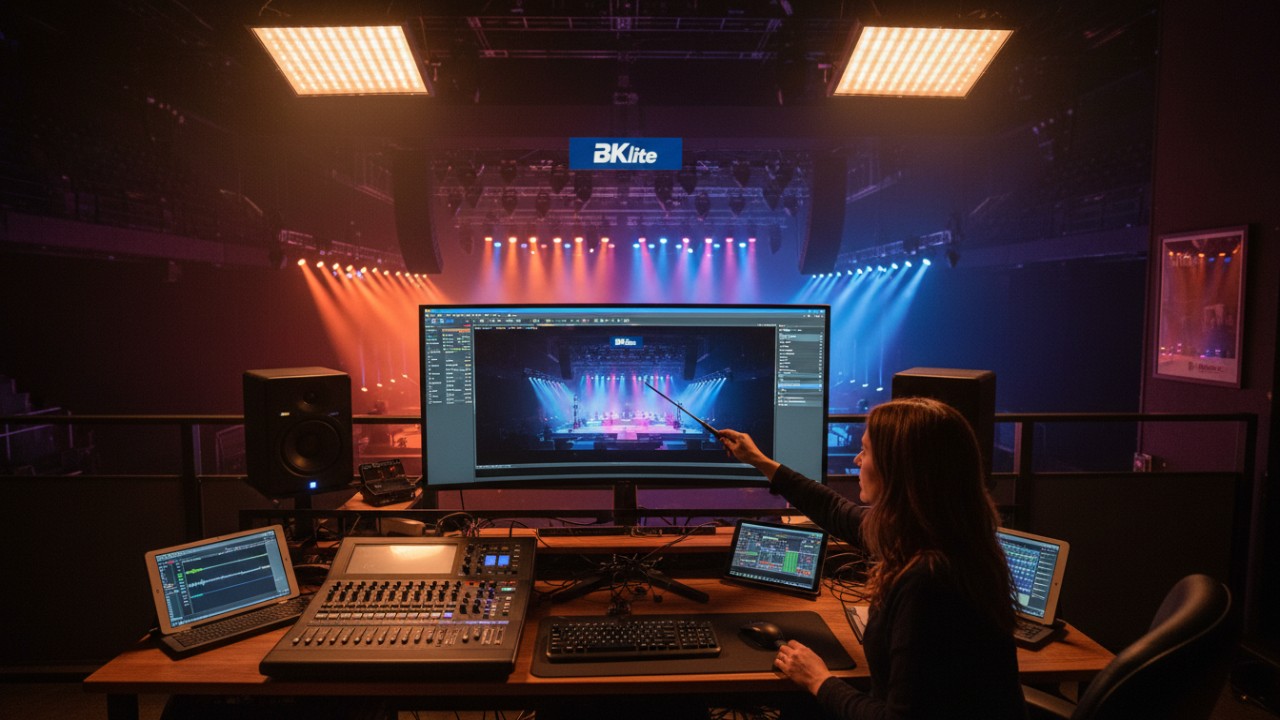A lighting designer's desk with a computer monitor showing stage design software branded with BKlite and a live stage in the background.