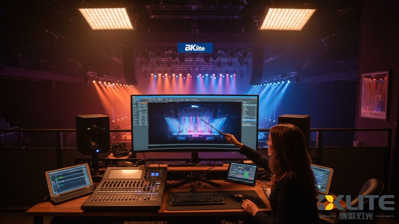 A lighting designer's desk with a computer monitor showing stage design software branded with BKlite and a live stage in the background.