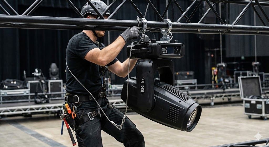 A professional technician rigging a BKlite moving head onto a truss system