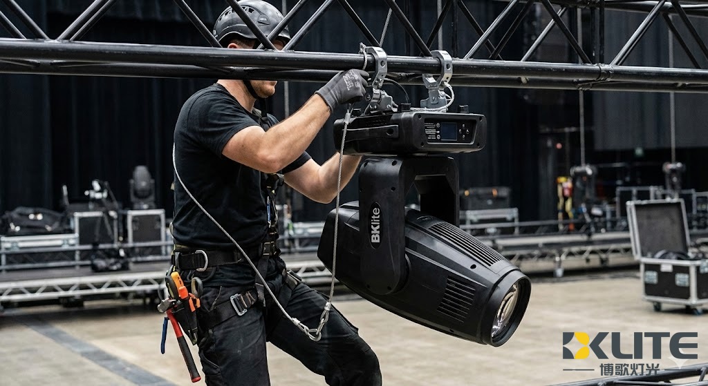 A professional technician rigging a BKlite moving head onto a truss system A professional technician rigging a BKlite moving head onto a truss system