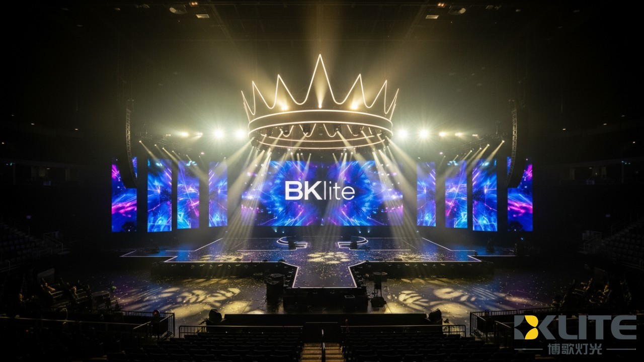 An empty arena stage bathed in spectacular lighting effects with a large BKlite logo displayed on the background screen.