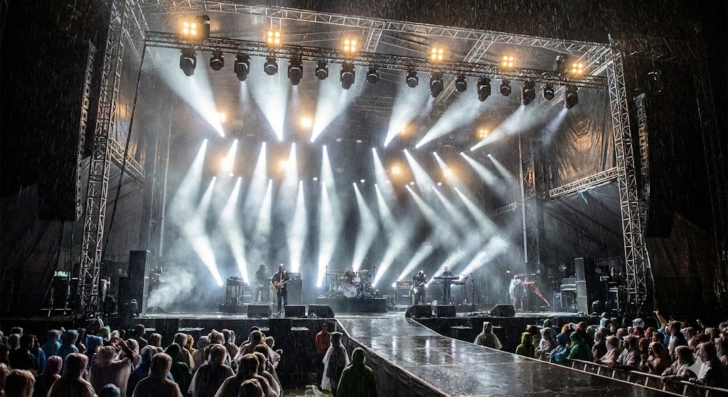 led moving head spot light outdoor music festival stage in the rain