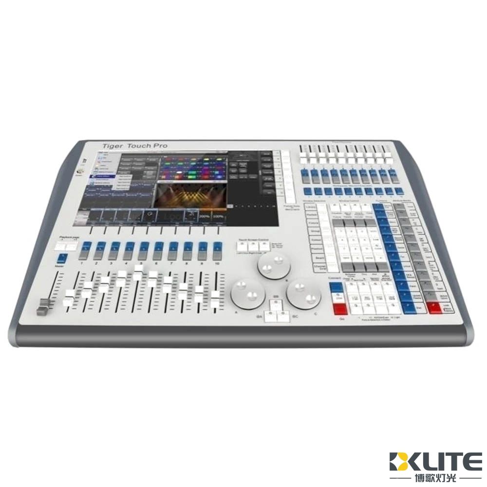 Tiger Touch Tiger Touch Pro lighting console,surrounded by numerous buttons, faders, and encoders for controlling lighting effects