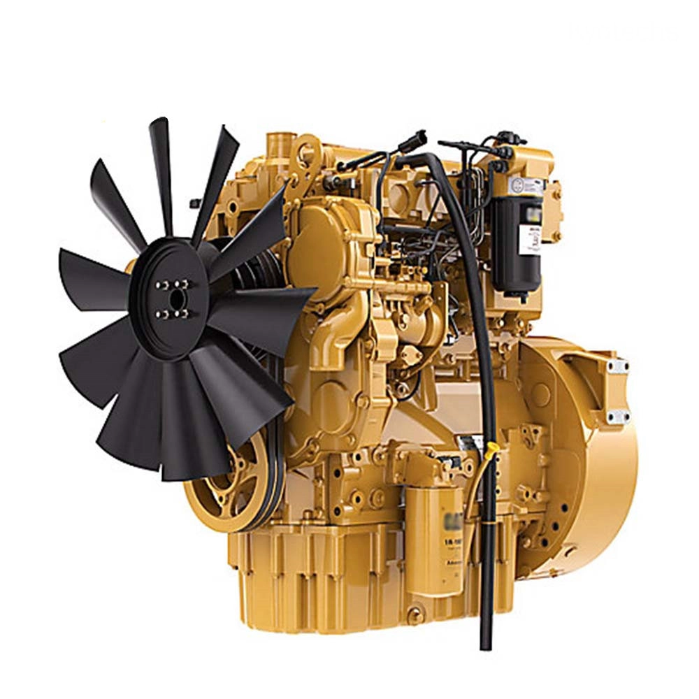 A large diesel engine with a black fan and yellow body.