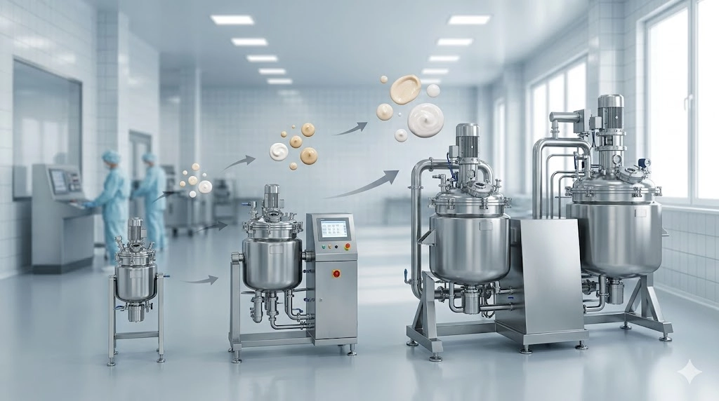 Industrial Vacuum Emulsifying Mixer Capacity range for cosmetic cream production.