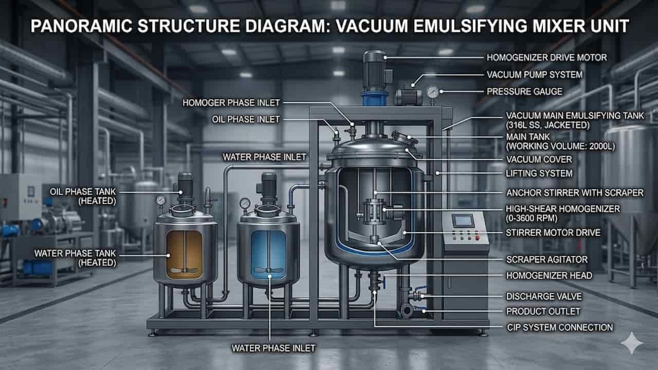 Labeled panoramic structure diagram of a vacuum emulsifying mixer unit.