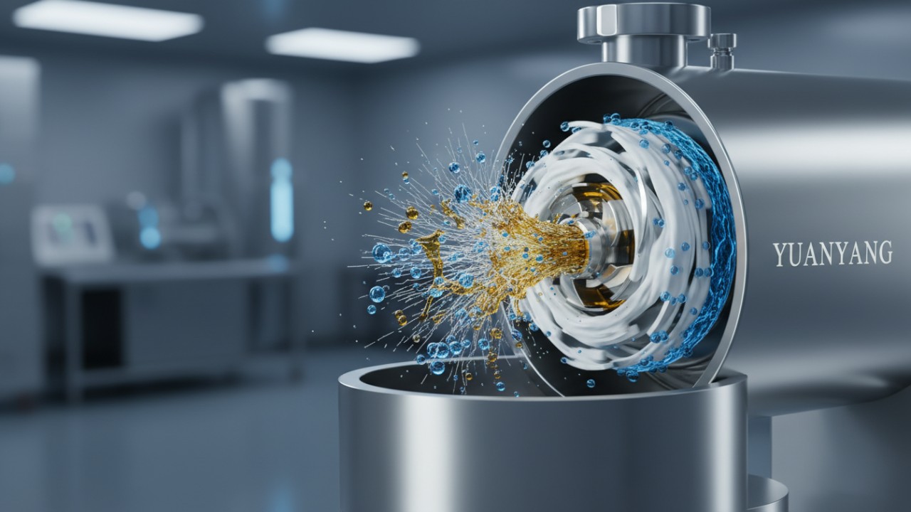 A 3D cross-section of a YUANYANG industrial mixer blending oil and water into a smooth emulsion.