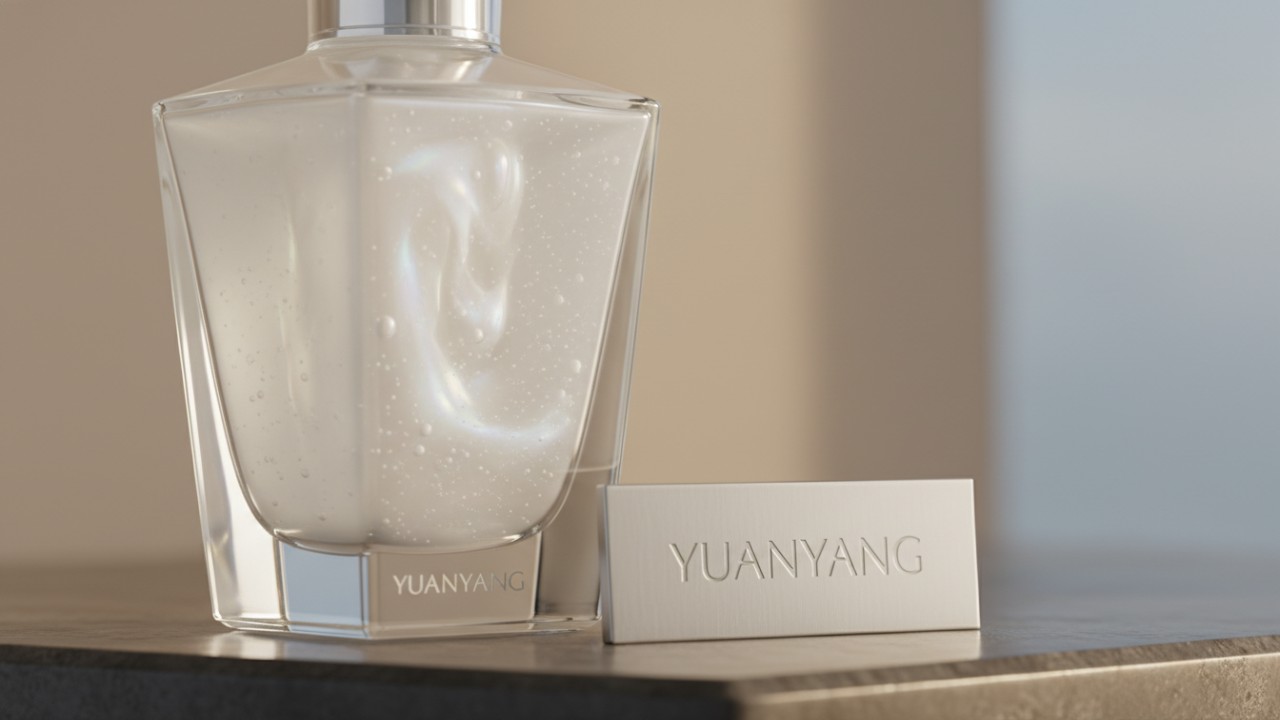 A close up of a perfectly stable and smooth emulsion liquid next to a YUANYANG brand plaque.
