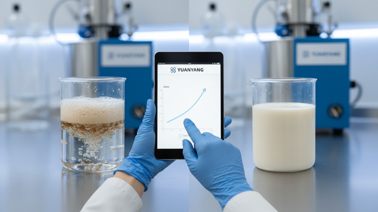 A comparison between a separated mixture and a stable emulsion with a YUANYANG digital monitoring interface.