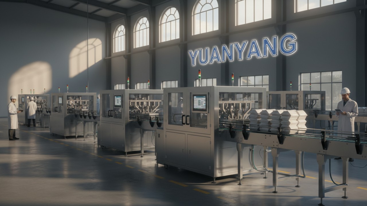 A complete industrial production line inside a factory featuring a YUANYANG brand sign on the wall.