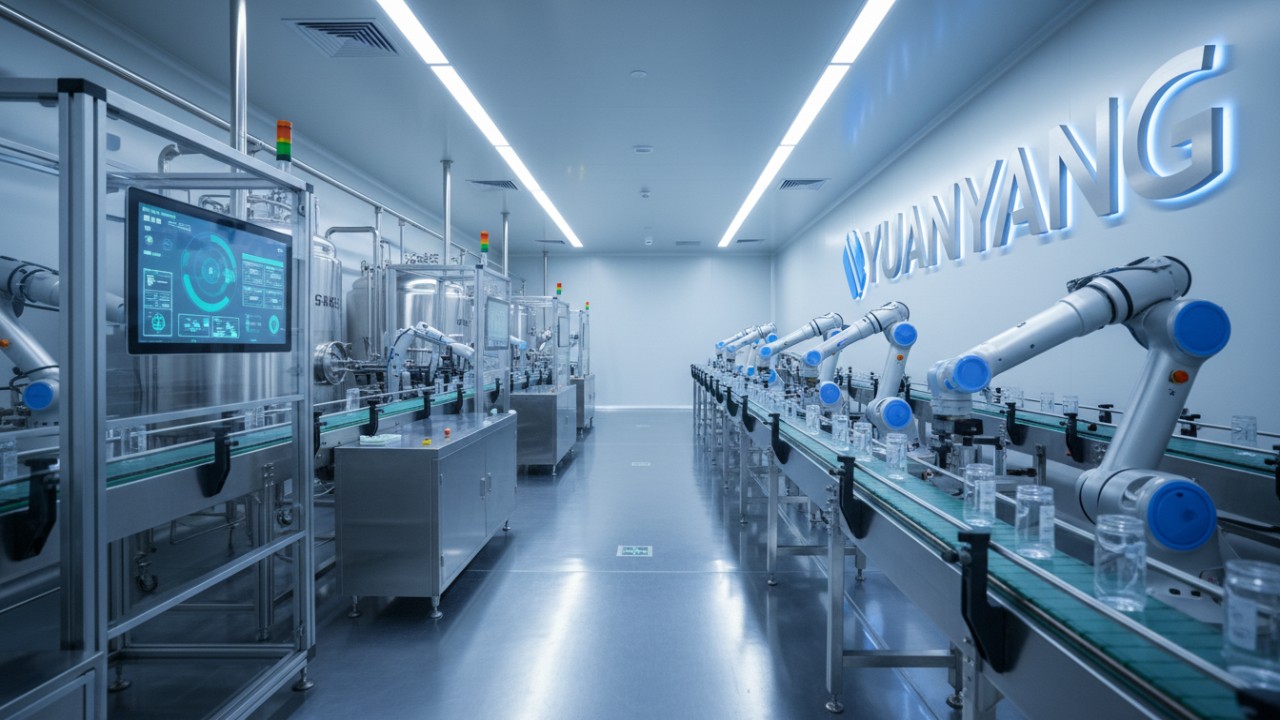 A futuristic and clean industrial factory floor featuring YUANYANG brand equipment and signage representing efficient manufacturing.