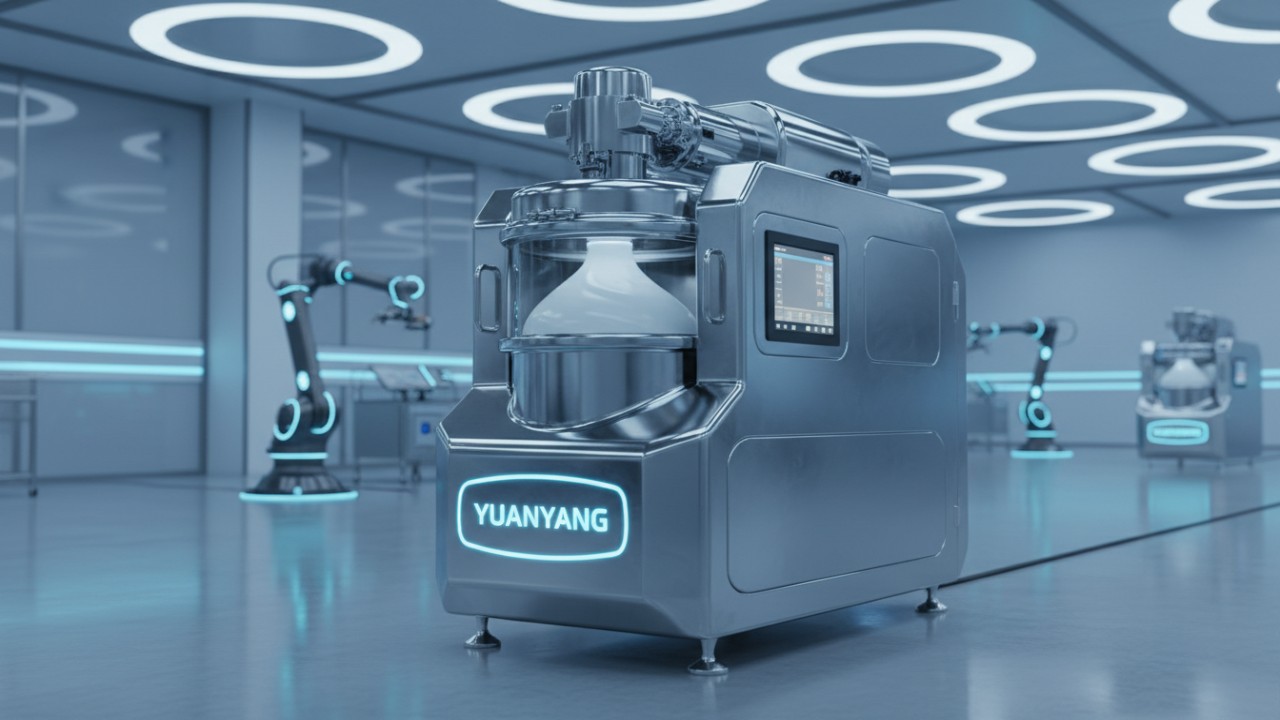 A futuristic high shear mechanical mixer used for industrial emulsification featuring the YUANYANG brand logo.