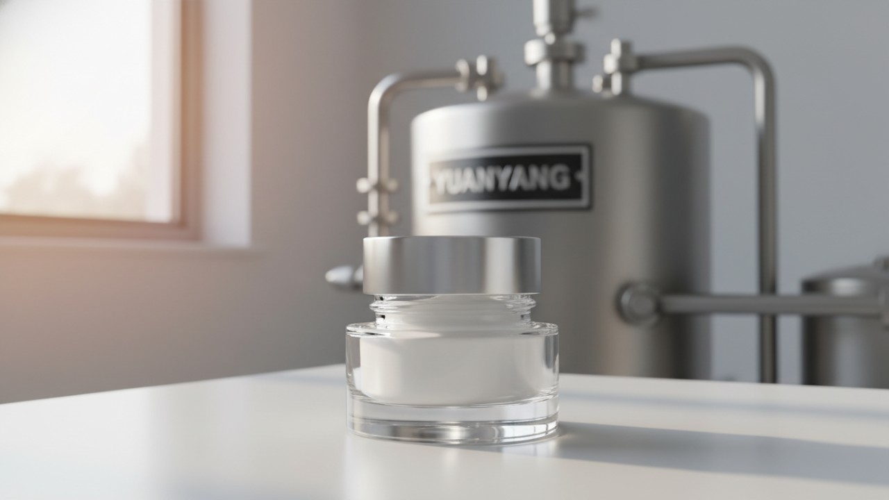 A high-quality cosmetic jar produced by a YUANYANG emulsifying machine in a professional setting