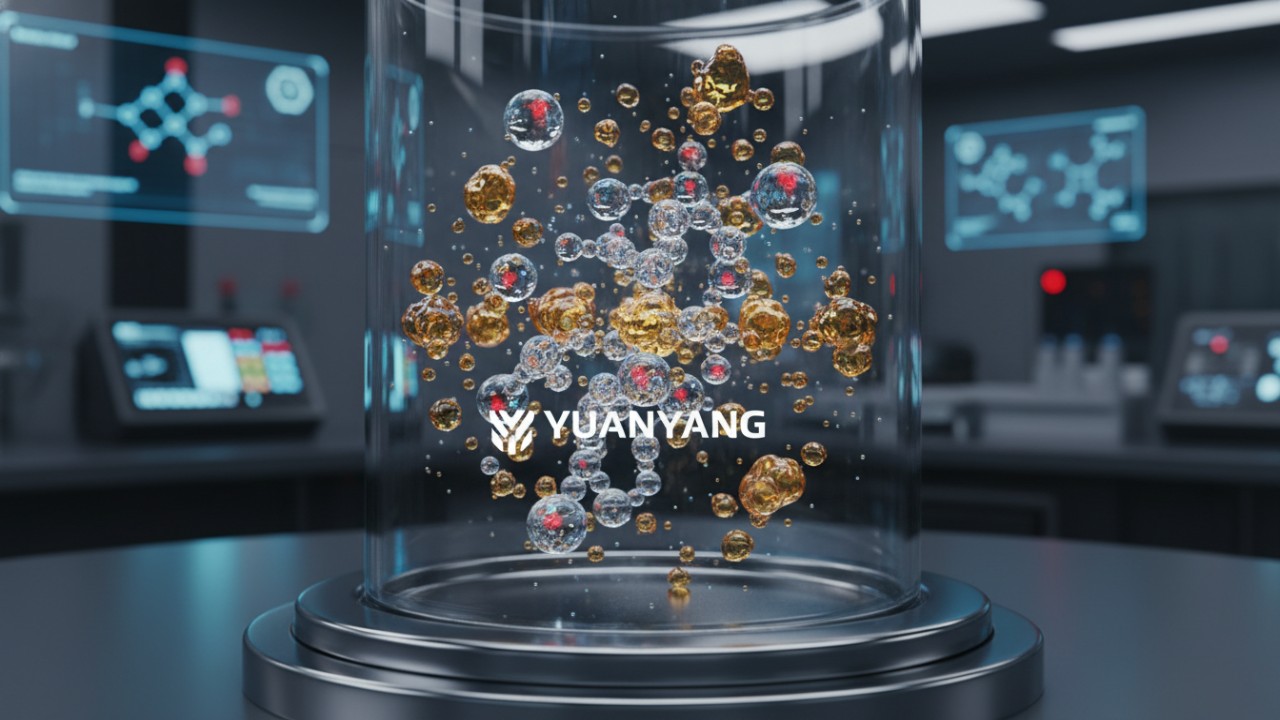 A scientific illustration of water and oil molecules separating in a laboratory beaker labeled YUANYANG.