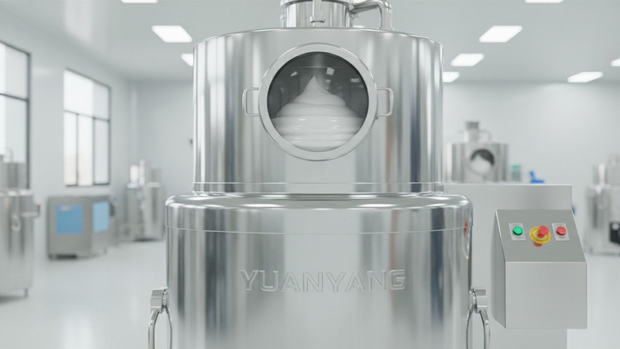 A sleek YUANYANG vacuum emulsifying mixer processing smooth white cream in a sterile industrial facility