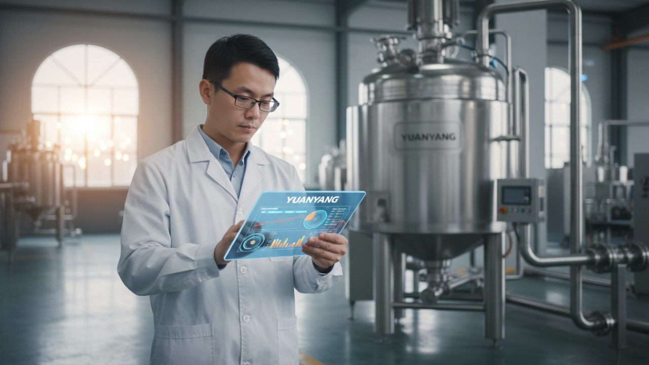 An industrial technician monitoring a YUANYANG emulsification system via a digital tablet interface in a modern manufacturing facility.