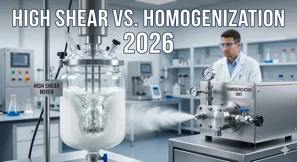 High shear mixer and homogenization unit in a lab, with a scientist in the background.