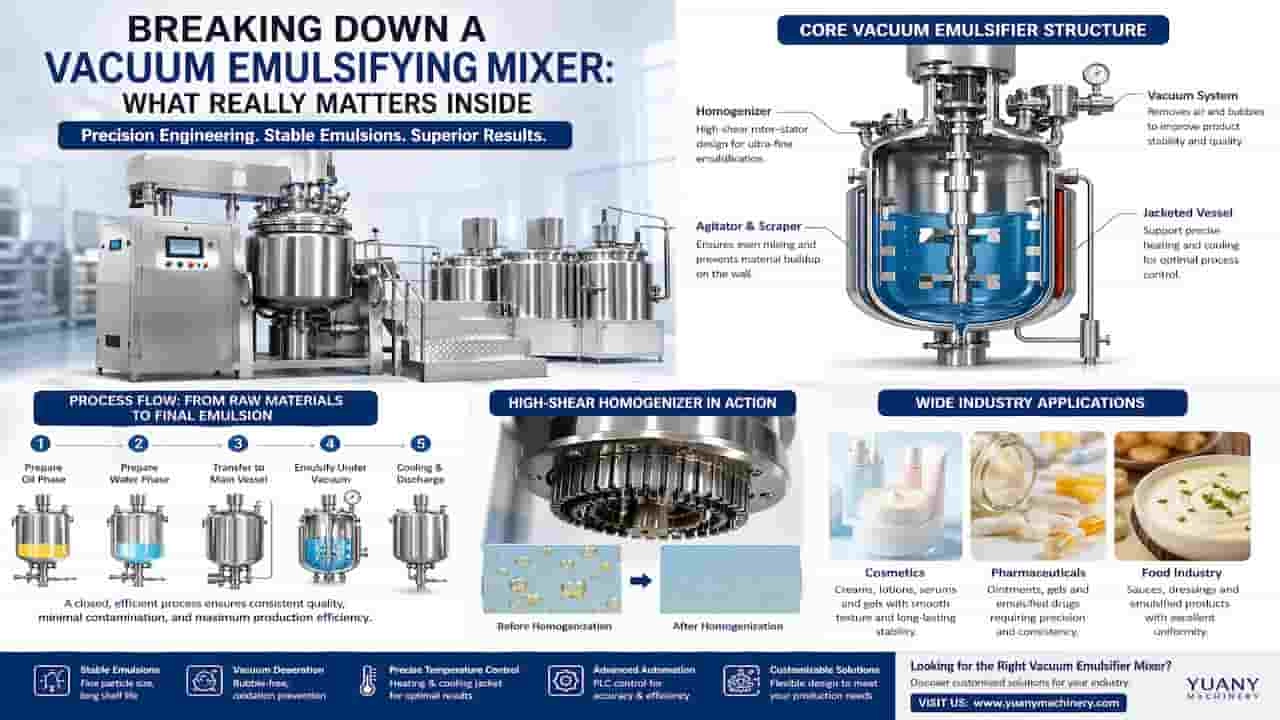 Infographic detailing vacuum emulsifying mixer structure, process flow, and industry applications.