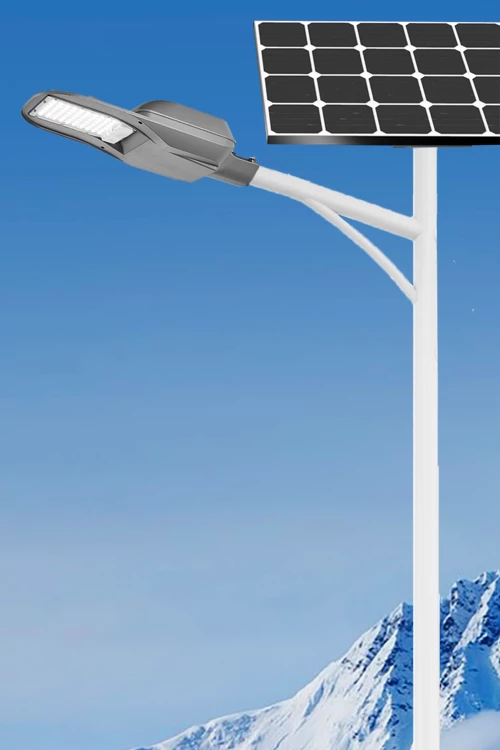Solar-powered LED street light against a snowy mountain backdrop.