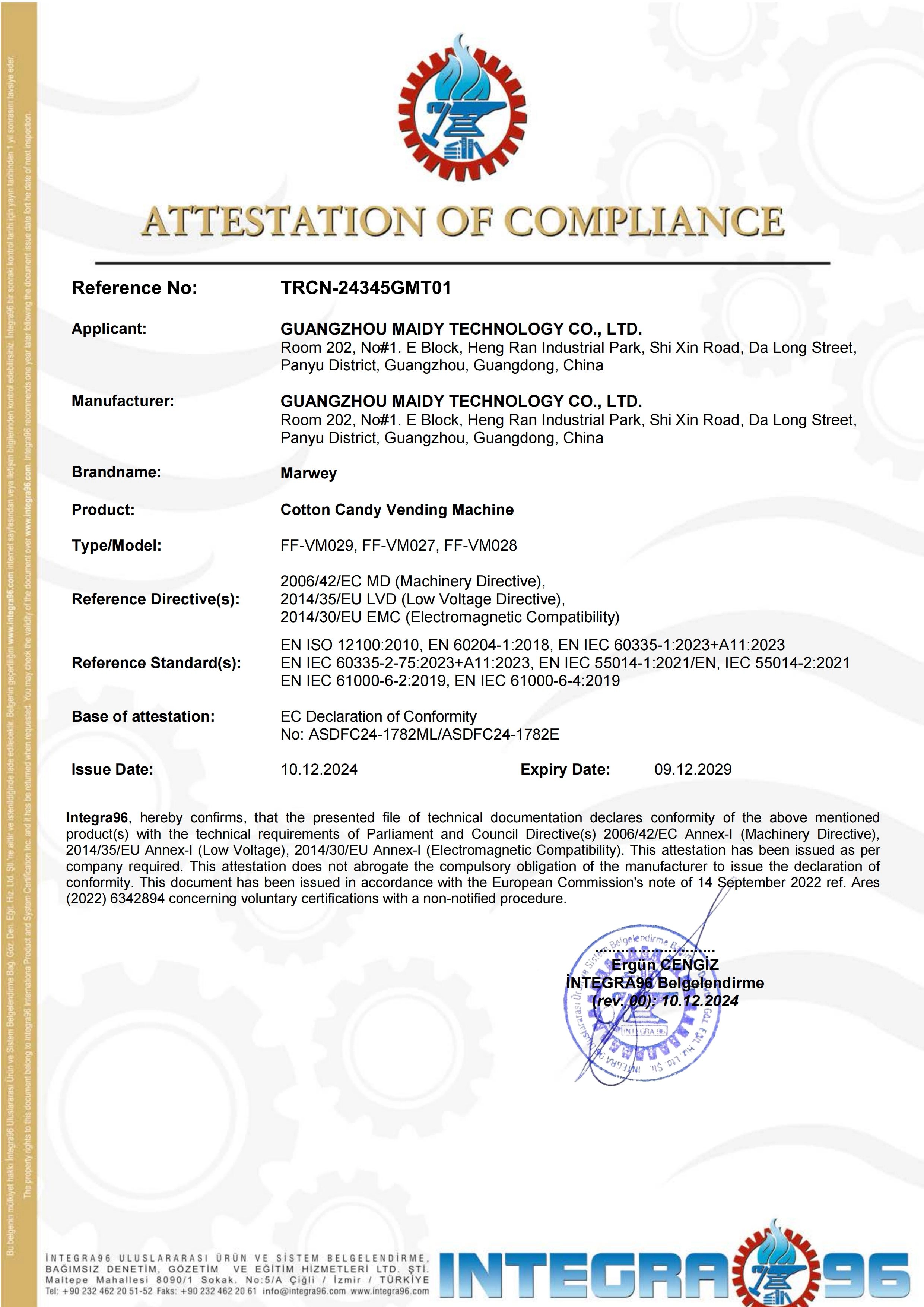 CE certificate of Marwey's cotton candy machine - MARWEY