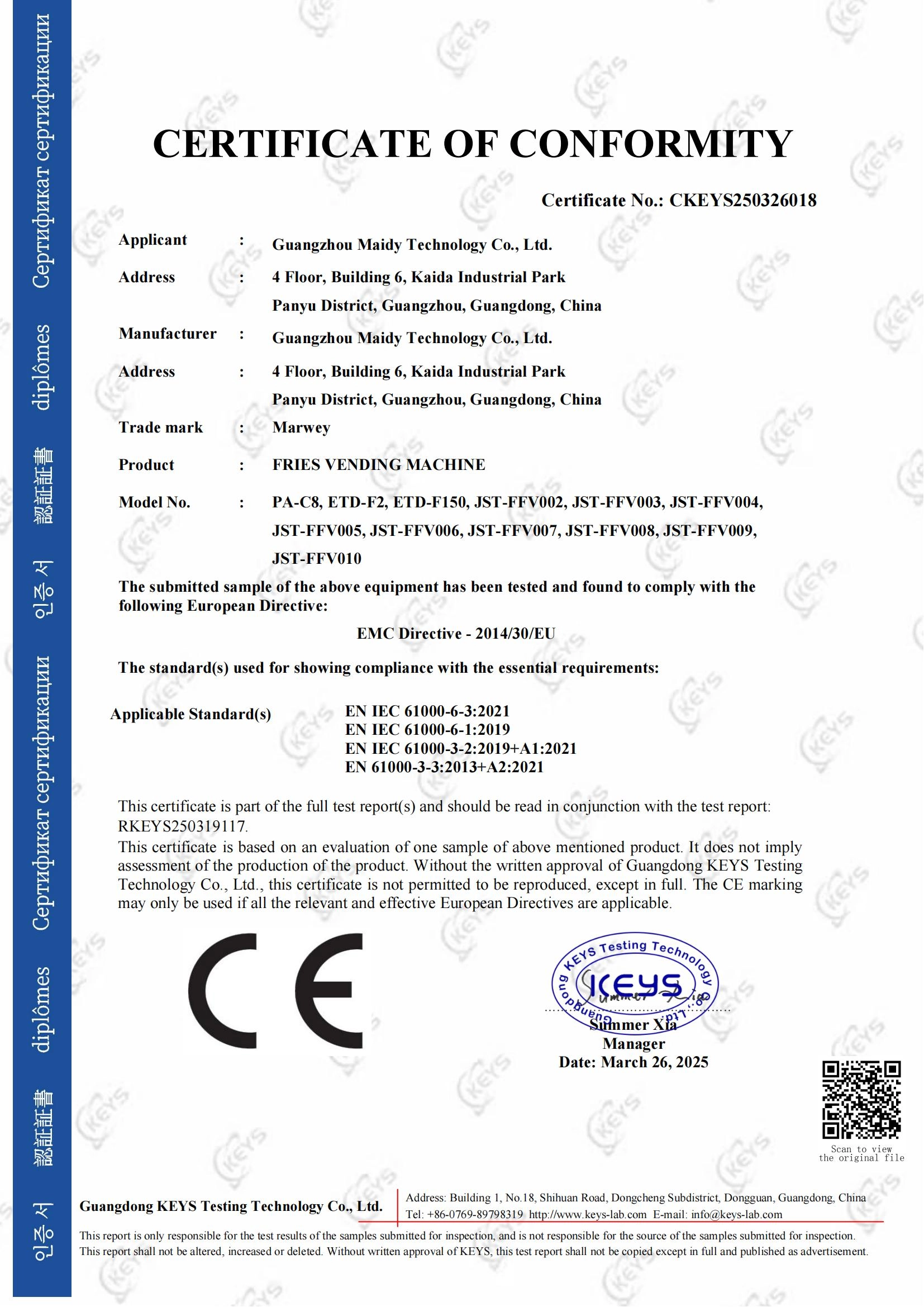 CE certificate of Marwey's fries vending machine - MARWEY