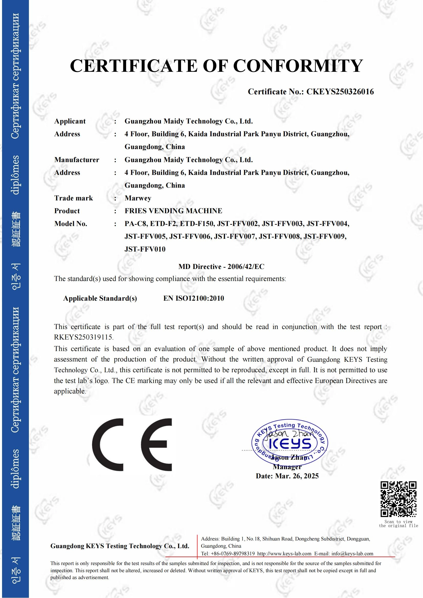 CE ISO12100 CERTIFICATE of Marwey's fries vending machine - MARWEY