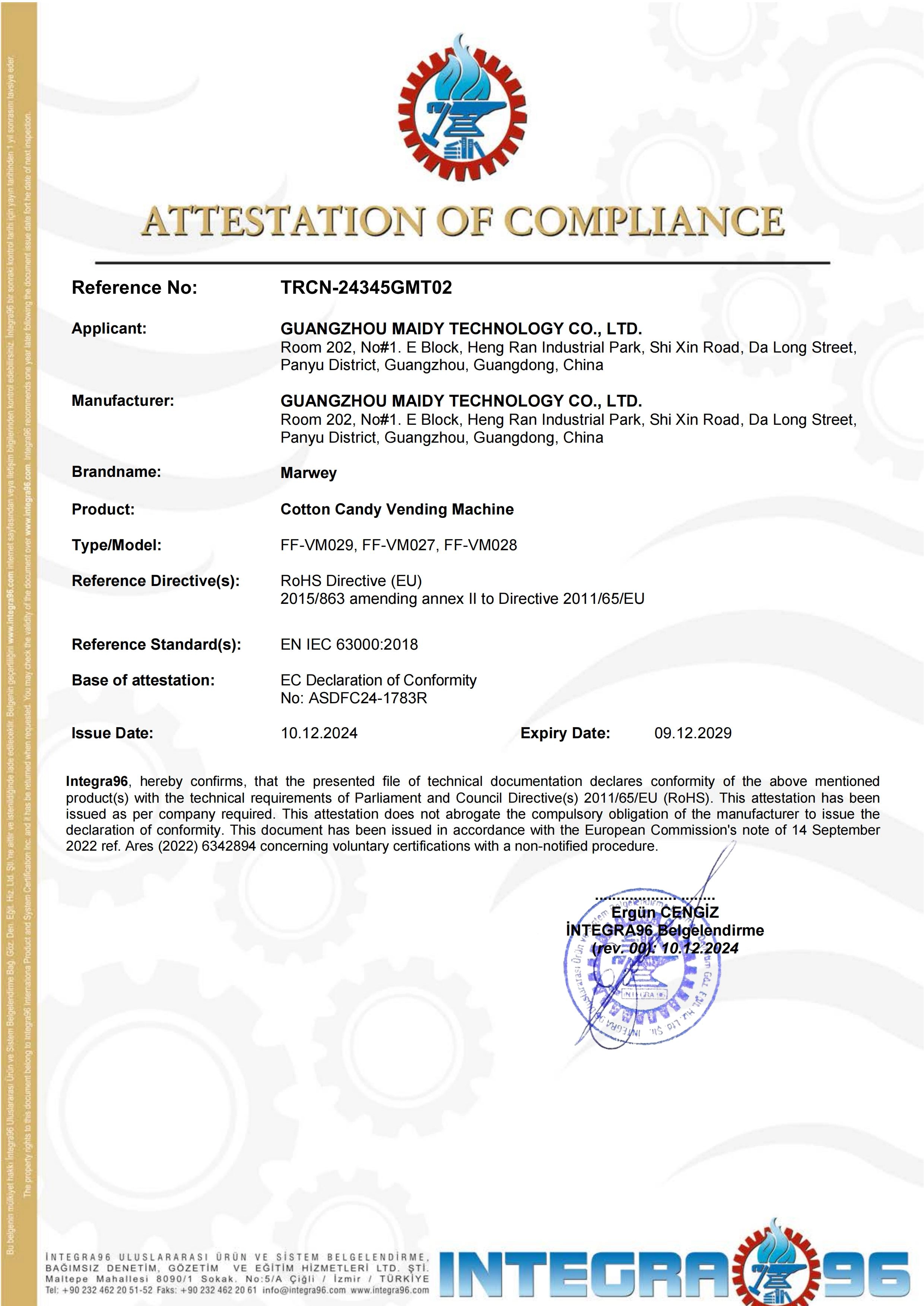 RoHS certificate of Marwey's cotton candy machine - MARWEY