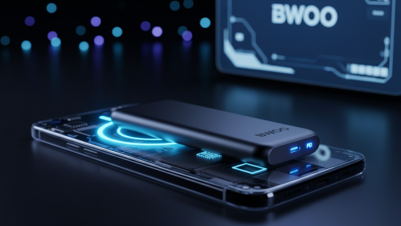 A close up of a BWOO magnetic power bank with PD fast charging technology attached to a smartphone.