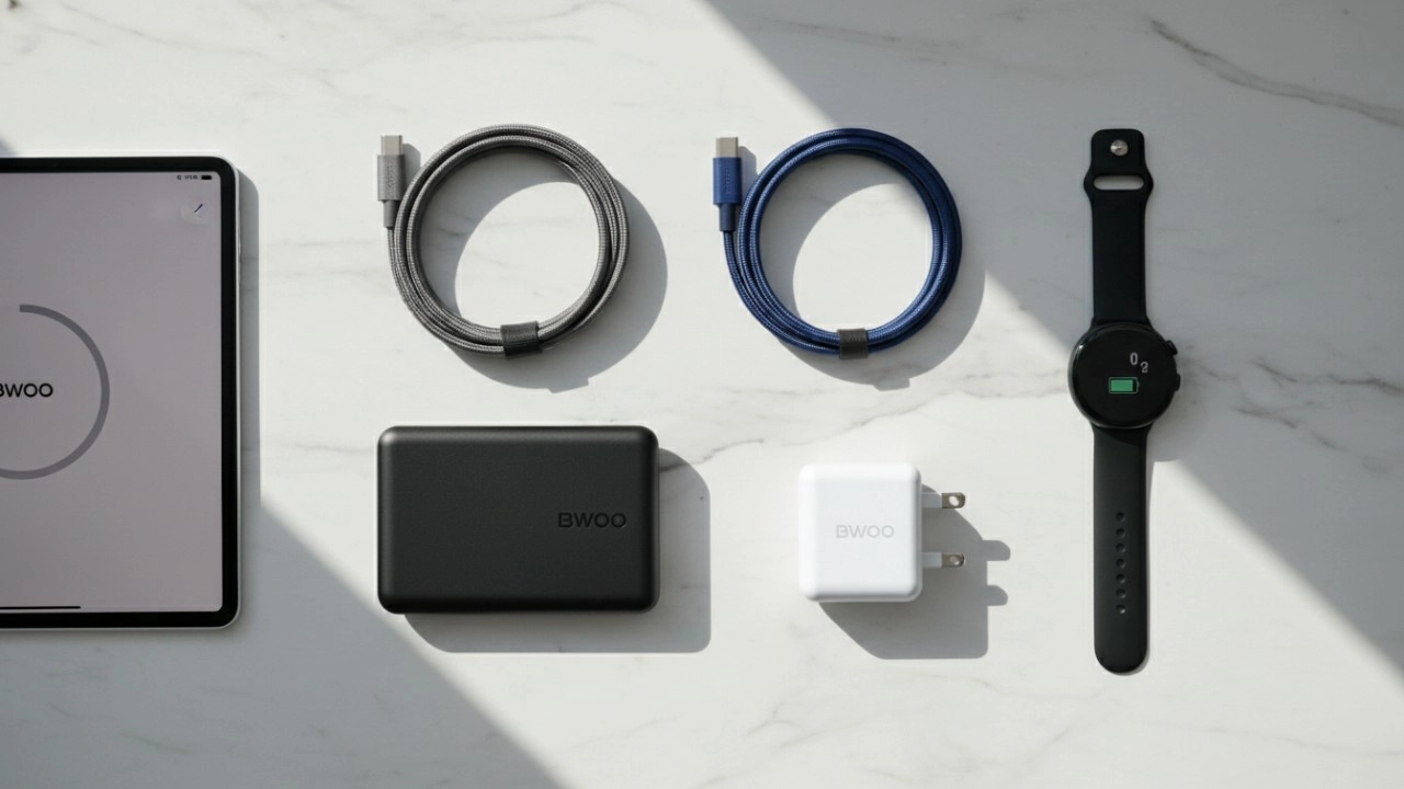 A minimalist desk setup showcasing a BWOO charging ecosystem including a power bank, GaN charger, and braided cables. - BWOO