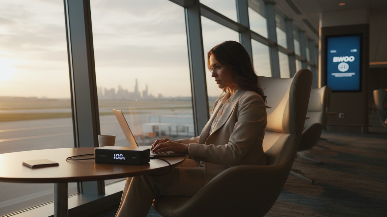 A traveler using a BWOO portable power bank in a modern airport lounge to stay connected.