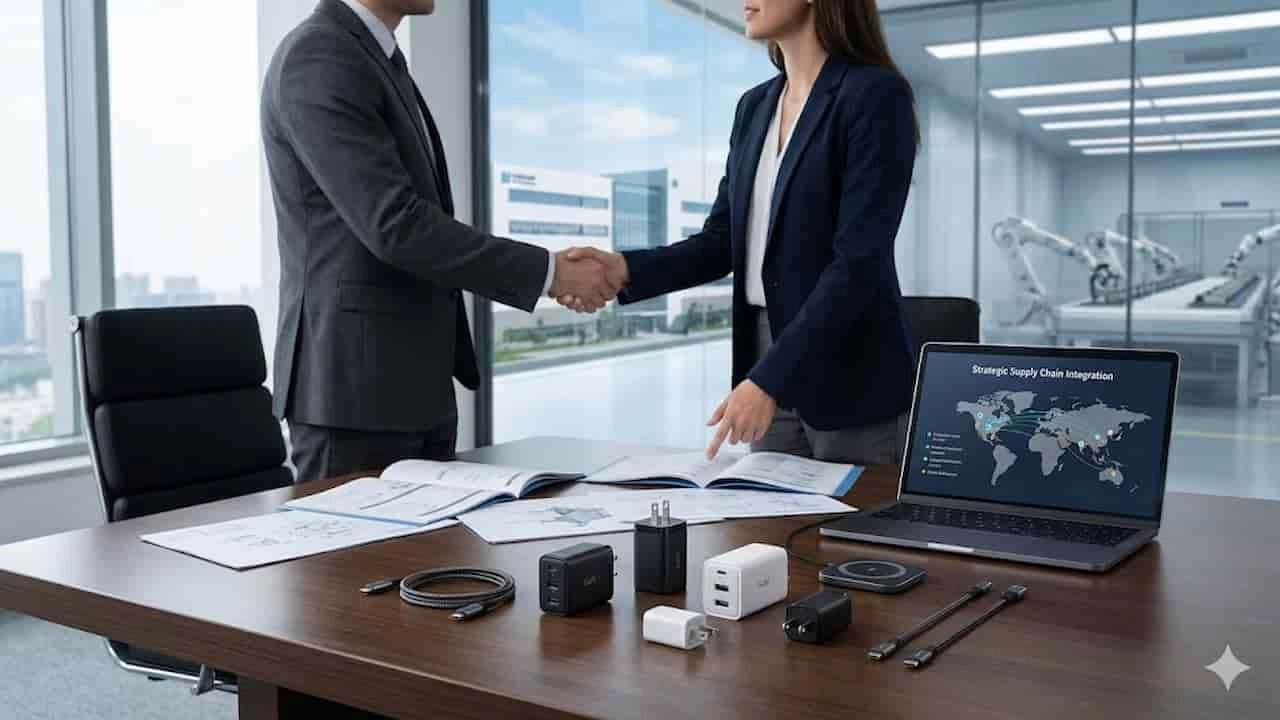 Business partners shaking hands near a fast charging supplier product display in an office. - BWOO