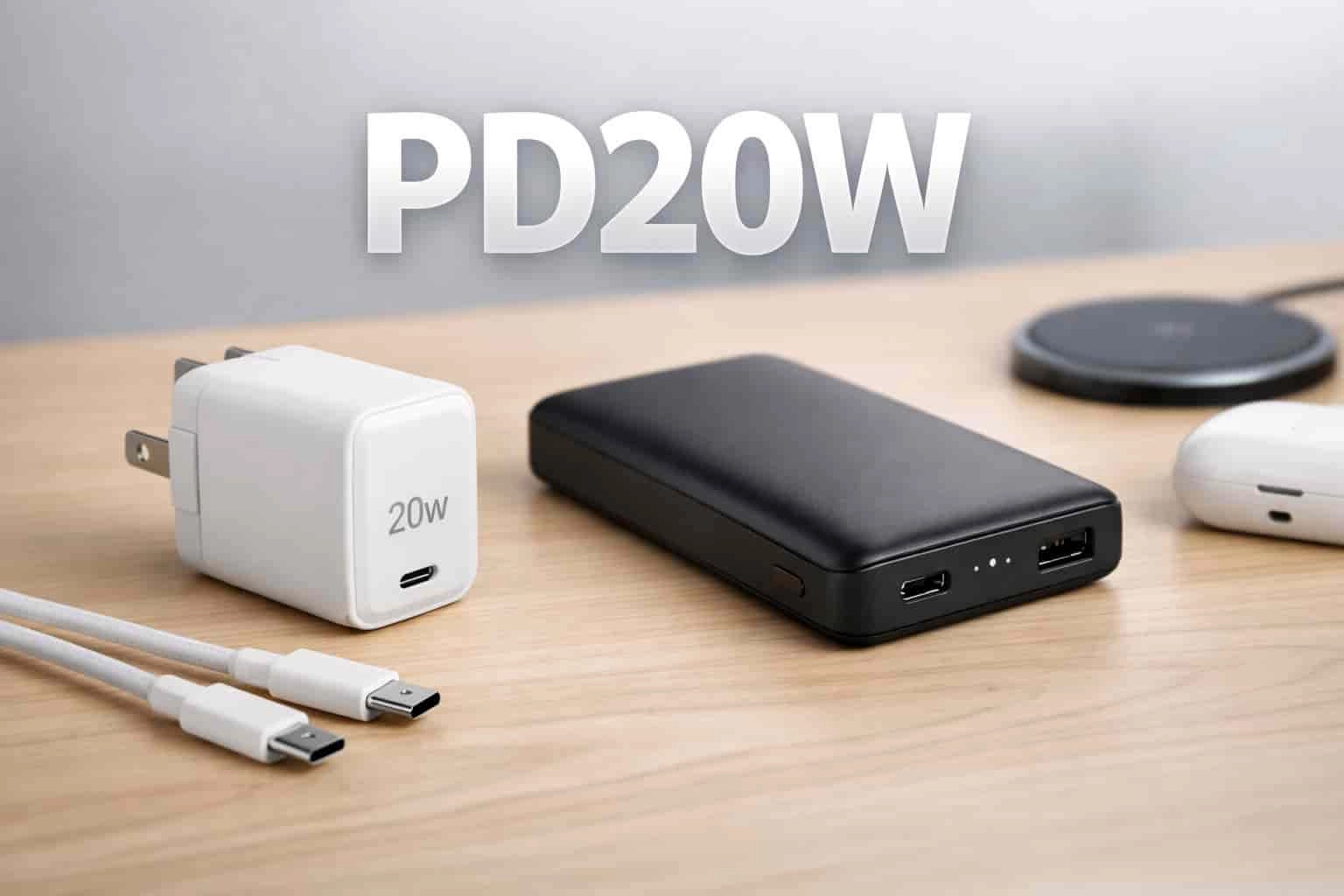 PD20W power adapter, power bank, cables, and wireless charger on a wooden surface - BWOO