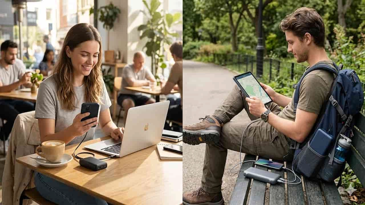 People using a portable power bank to charge devices in a cafe and outdoors. - BWOO